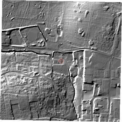 Shaded relief map of the ground around NG319ST, computed from Environment Agency LiDAR. The ground here sits at about 61 m above sea level and falls 23 m across the surrounding 800 m. Surface water reaching this point runs off ground lying to the south-east, 15.6 m higher.