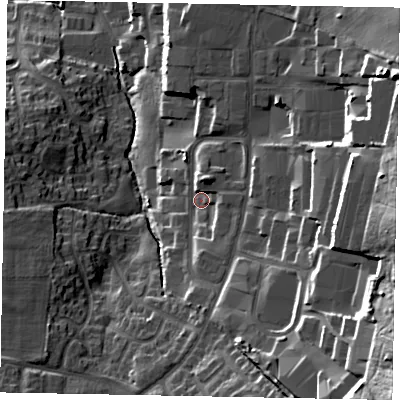 Shaded relief map of the ground around NG319SW, computed from Environment Agency LiDAR. The ground here sits at about 70 m above sea level and falls 39 m across the surrounding 800 m. Surface water reaching this point runs off ground lying to the south-east, 24.1 m higher.