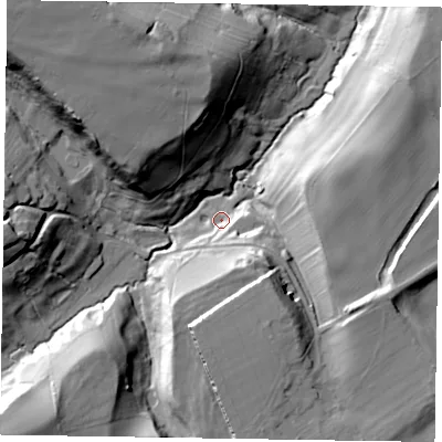 Shaded relief map of the ground around NG321EU, computed from Environment Agency LiDAR. The ground here sits at about 93 m above sea level and falls 35 m across the surrounding 800 m. Surface water reaching this point runs off ground lying to the south-south-east, 19.3 m higher.