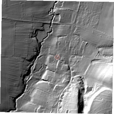 Shaded relief map of the ground around NG321NQ, computed from Environment Agency LiDAR. The ground here sits at about 59 m above sea level and falls 59 m across the surrounding 800 m. Surface water reaching this point runs off ground lying to the south-south-east, 7.4 m higher.