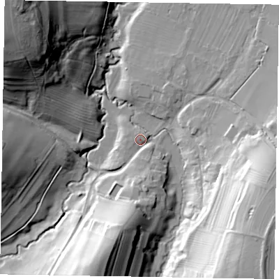 Shaded relief map of the ground around NG321RJ, computed from Environment Agency LiDAR. The ground here sits at about 74 m above sea level and falls 52 m across the surrounding 800 m. Surface water reaching this point runs off ground lying to the south, 19.3 m higher.
