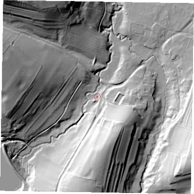 Shaded relief map of the ground around NG321RR, computed from Environment Agency LiDAR. The ground here sits at about 72 m above sea level and falls 48 m across the surrounding 800 m. Surface water reaching this point runs off ground lying to the west-north-west, 40.3 m higher.