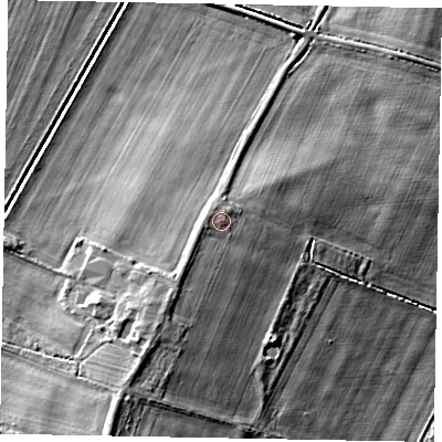 Shaded relief map of the ground around NG322AY, computed from Environment Agency LiDAR. The ground here sits at about 21 m above sea level and falls 8 m across the surrounding 800 m. The ground contributing surface water to this point lies to the west.