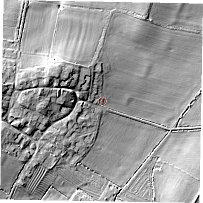 Shaded relief map of the ground around NG322DU, computed from Environment Agency LiDAR. The ground here sits at about 41 m above sea level and falls 15 m across the surrounding 800 m. Surface water reaching this point runs off ground lying to the west-north-west, 9.4 m higher.