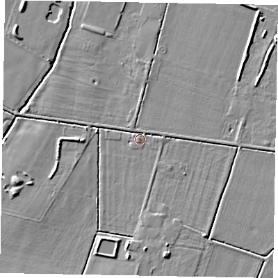 Shaded relief map of the ground around NG322EF, computed from Environment Agency LiDAR. The ground here sits at about 36 m above sea level and falls 7 m across the surrounding 800 m. Surface water reaching this point runs off ground lying to the south, 4.8 m higher.