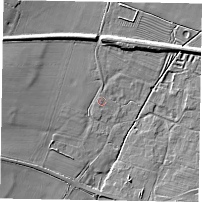 Shaded relief map of the ground around NG322EL, computed from Environment Agency LiDAR. The ground here sits at about 42 m above sea level and falls 10 m across the surrounding 800 m. Surface water reaching this point runs off ground lying to the west, 7.4 m higher.
