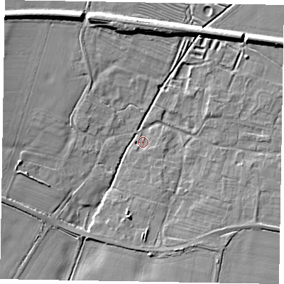 Shaded relief map of the ground around NG322EW, computed from Environment Agency LiDAR. The ground here sits at about 42 m above sea level and falls 9 m across the surrounding 800 m. Surface water reaching this point runs off ground lying to the south-south-east, 1.8 m higher.