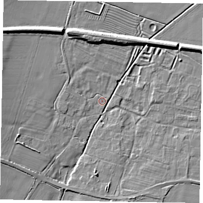 Shaded relief map of the ground around NG322FB, computed from Environment Agency LiDAR. The ground here sits at about 41 m above sea level and falls 9 m across the surrounding 800 m. Surface water reaching this point runs off ground lying to the west-south-west, 5.5 m higher.