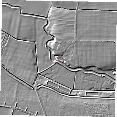 Shaded relief map of the ground around NG322FU, computed from Environment Agency LiDAR. The ground here sits at about 32 m above sea level and falls 8 m across the surrounding 800 m. Surface water reaching this point runs off ground lying to the east-north-east, 5.6 m higher.