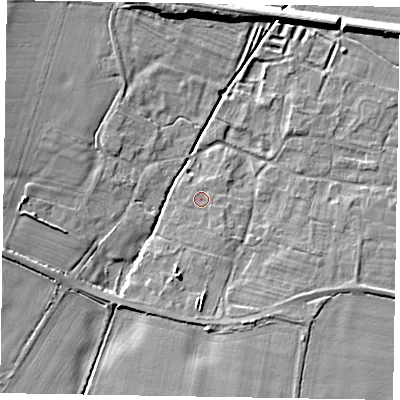 Shaded relief map of the ground around NG322HF, computed from Environment Agency LiDAR. The ground here sits at about 42 m above sea level and falls 7 m across the surrounding 800 m. Surface water reaching this point runs off ground lying to the south-south-east, 1.1 m higher.