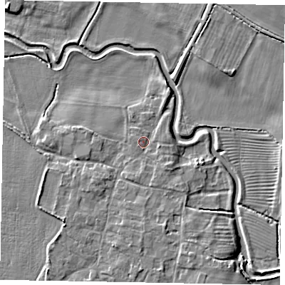 Shaded relief map of the ground around NG322HL, computed from Environment Agency LiDAR. The ground here sits at about 30 m above sea level and falls 6 m across the surrounding 800 m. Surface water reaching this point runs off ground lying to the south-south-east, 1.6 m higher.