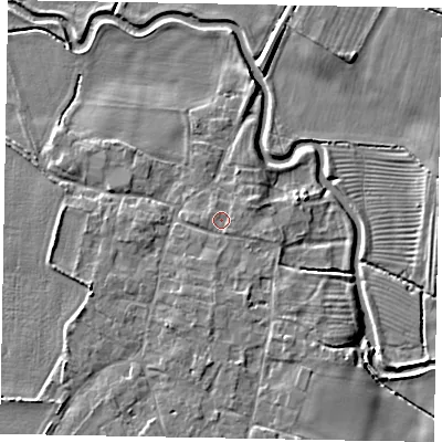 Shaded relief map of the ground around NG322HQ, computed from Environment Agency LiDAR. The ground here sits at about 31 m above sea level and falls 6 m across the surrounding 800 m. Surface water reaching this point runs off ground lying to the south-south-east, 1.8 m higher.