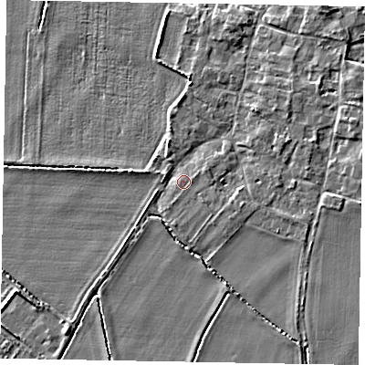 Shaded relief map of the ground around NG322HT, computed from Environment Agency LiDAR. The ground here sits at about 31 m above sea level and falls 4 m across the surrounding 800 m. Surface water reaching this point runs off ground lying to the south-west, 0.9 m higher.