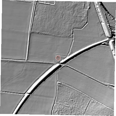 Shaded relief map of the ground around NG322HX, computed from Environment Agency LiDAR. The ground here sits at about 37 m above sea level and falls 13 m across the surrounding 800 m. Surface water reaching this point runs off ground lying to the east, 10.2 m higher.