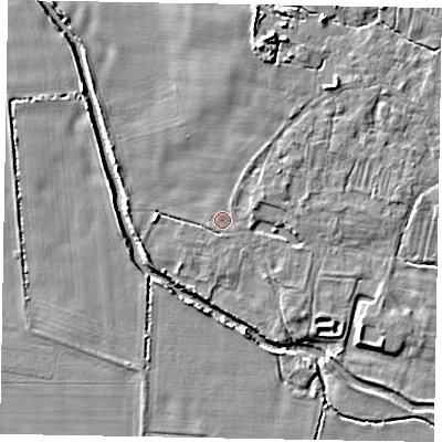 Shaded relief map of the ground around NG322HZ, computed from Environment Agency LiDAR. The ground here sits at about 27 m above sea level and falls 7 m across the surrounding 800 m. Surface water reaching this point runs off ground lying to the east-north-east, 3.1 m higher.