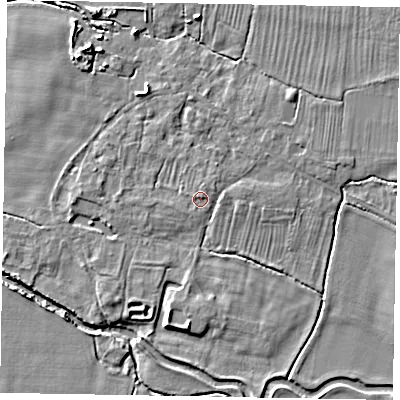 Shaded relief map of the ground around NG322JE, computed from Environment Agency LiDAR. The ground here sits at about 29 m above sea level and falls 7 m across the surrounding 800 m. Surface water reaching this point runs off ground lying to the north-east, 1.0 m higher.