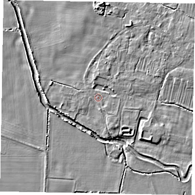 Shaded relief map of the ground around NG322JF, computed from Environment Agency LiDAR. The ground here sits at about 27 m above sea level and falls 7 m across the surrounding 800 m. Surface water reaching this point runs off ground lying to the east-north-east, 3.5 m higher.