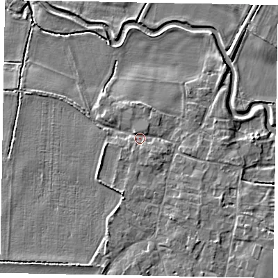 Shaded relief map of the ground around NG322JH, computed from Environment Agency LiDAR. The ground here sits at about 30 m above sea level and falls 7 m across the surrounding 800 m. Surface water reaching this point runs off ground lying to the south-east, 3.1 m higher.