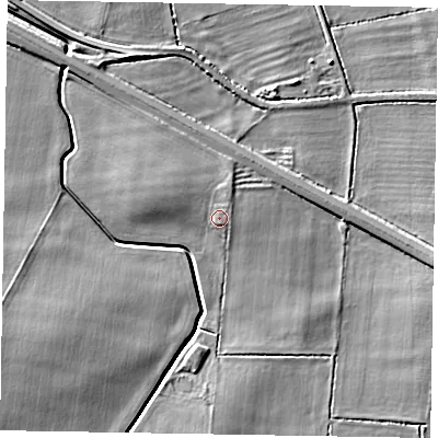 Shaded relief map of the ground around NG322JT, computed from Environment Agency LiDAR. The ground here sits at about 25 m above sea level and falls 7 m across the surrounding 800 m. Surface water reaching this point runs off ground lying to the north-north-east, 1.9 m higher.