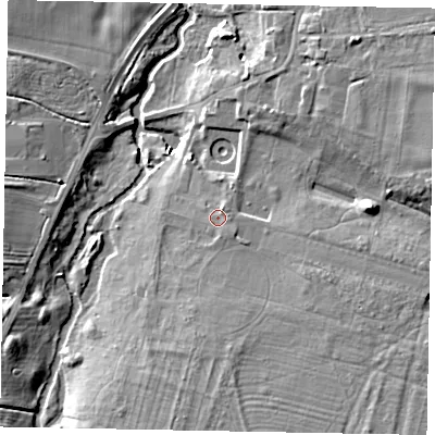 Shaded relief map of the ground around NG322LS, computed from Environment Agency LiDAR. The ground here sits at about 46 m above sea level and falls 11 m across the surrounding 800 m. Surface water reaching this point runs off ground lying to the north-north-east, 1.3 m higher.