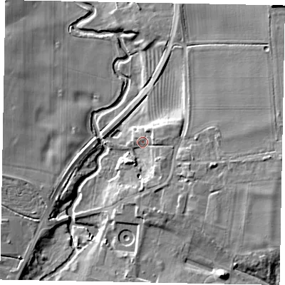 Shaded relief map of the ground around NG322LT, computed from Environment Agency LiDAR. The ground here sits at about 44 m above sea level and falls 11 m across the surrounding 800 m. Surface water reaching this point runs off ground lying to the east, 4.5 m higher.