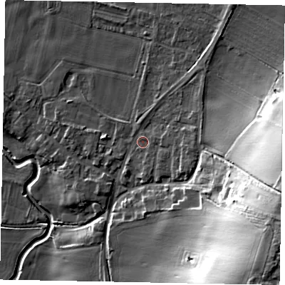 Shaded relief map of the ground around NG322NH, computed from Environment Agency LiDAR. The ground here sits at about 42 m above sea level and falls 35 m across the surrounding 800 m. Surface water reaching this point runs off ground lying to the east-south-east, 20.5 m higher.