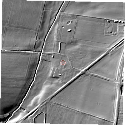 Shaded relief map of the ground around NG322PS, computed from Environment Agency LiDAR. The ground here sits at about 39 m above sea level and falls 10 m across the surrounding 800 m. Surface water reaching this point runs off ground lying to the east-south-east, 2.1 m higher.
