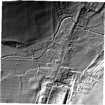 Shaded relief map of the ground around NG323AF, computed from Environment Agency LiDAR. The ground here sits at about 42 m above sea level and falls 23 m across the surrounding 800 m. Surface water reaching this point runs off ground lying to the south-east, 1.1 m higher.