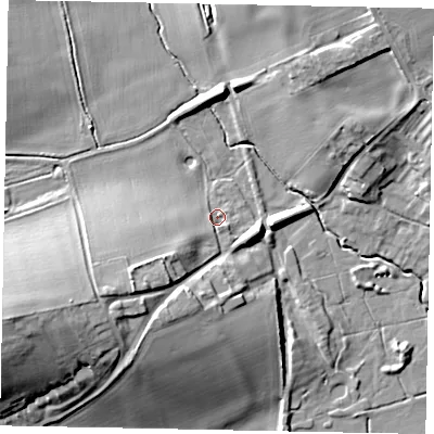 Shaded relief map of the ground around NG323AN, computed from Environment Agency LiDAR. The ground here sits at about 44 m above sea level and falls 18 m across the surrounding 800 m. Surface water reaching this point runs off ground lying to the west-south-west, 13.2 m higher.
