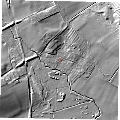 Shaded relief map of the ground around NG323AT, computed from Environment Agency LiDAR. The ground here sits at about 44 m above sea level and falls 31 m across the surrounding 800 m. Surface water reaching this point runs off ground lying to the north-east, 28.2 m higher.