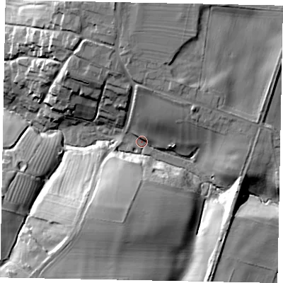 Shaded relief map of the ground around NG323HY, computed from Environment Agency LiDAR. The ground here sits at about 39 m above sea level and falls 26 m across the surrounding 800 m. Surface water reaching this point runs off ground lying to the south-west, 20.8 m higher.