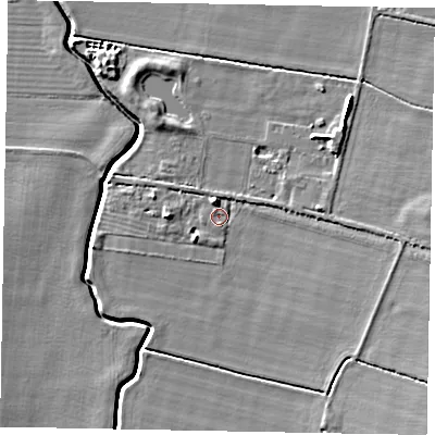 Shaded relief map of the ground around NG323JD, computed from Environment Agency LiDAR. The ground here sits at about 14 m above sea level and falls 7 m across the surrounding 800 m. Surface water reaching this point runs off ground lying to the south-south-east, 1.1 m higher.