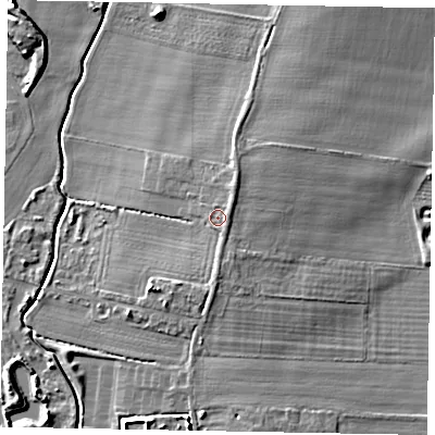 Shaded relief map of the ground around NG323JE, computed from Environment Agency LiDAR. The ground here sits at about 17 m above sea level and falls 7 m across the surrounding 800 m. Surface water reaching this point runs off ground lying to the north-east, 1.2 m higher.