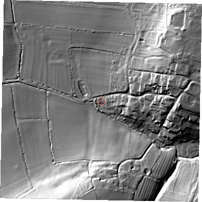 Shaded relief map of the ground around NG323JZ, computed from Environment Agency LiDAR. The ground here sits at about 32 m above sea level and falls 36 m across the surrounding 800 m. Surface water reaching this point runs off ground lying to the east-north-east, 25.2 m higher.