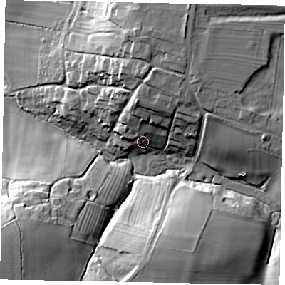 Shaded relief map of the ground around NG323LD, computed from Environment Agency LiDAR. The ground here sits at about 41 m above sea level and falls 34 m across the surrounding 800 m. Surface water reaching this point runs off ground lying to the north, 18.9 m higher.