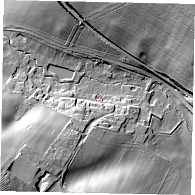 Shaded relief map of the ground around NG323NP, computed from Environment Agency LiDAR. The ground here sits at about 28 m above sea level and falls 35 m across the surrounding 800 m. Surface water reaching this point runs off ground lying to the south-west, 17.4 m higher.
