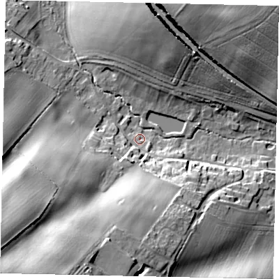 Shaded relief map of the ground around NG323NR, computed from Environment Agency LiDAR. The ground here sits at about 30 m above sea level and falls 38 m across the surrounding 800 m. Surface water reaching this point runs off ground lying to the south-south-west, 30.8 m higher.