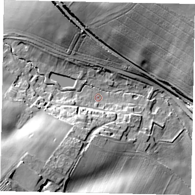 Shaded relief map of the ground around NG323NW, computed from Environment Agency LiDAR. The ground here sits at about 28 m above sea level and falls 34 m across the surrounding 800 m. Surface water reaching this point runs off ground lying to the south-west, 32.7 m higher.
