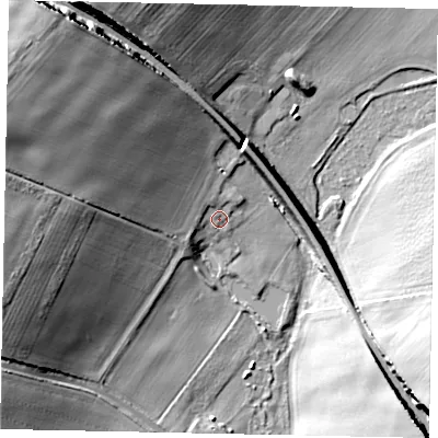 Shaded relief map of the ground around NG323NZ, computed from Environment Agency LiDAR. The ground here sits at about 33 m above sea level and falls 28 m across the surrounding 800 m. Surface water reaching this point runs off ground lying to the west-north-west, 24.3 m higher.