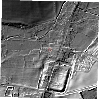 Shaded relief map of the ground around NG323PR, computed from Environment Agency LiDAR. The ground here sits at about 43 m above sea level and falls 25 m across the surrounding 800 m. Surface water reaching this point runs off ground lying to the south, 5.6 m higher.