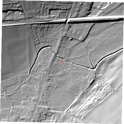 Shaded relief map of the ground around NG323QG, computed from Environment Agency LiDAR. The ground here sits at about 41 m above sea level and falls 26 m across the surrounding 800 m. Surface water reaching this point runs off ground lying to the west-north-west, 16.1 m higher.