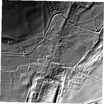 Shaded relief map of the ground around NG323QJ, computed from Environment Agency LiDAR. The ground here sits at about 43 m above sea level and falls 28 m across the surrounding 800 m. Surface water reaching this point runs off ground lying to the south-east, 23.6 m higher.