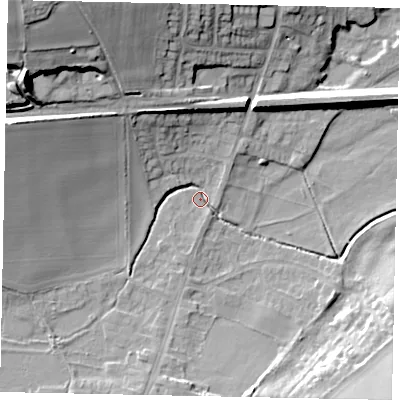 Shaded relief map of the ground around NG323QL, computed from Environment Agency LiDAR. The ground here sits at about 42 m above sea level and falls 30 m across the surrounding 800 m. Surface water reaching this point runs off ground lying to the north-west, 28.1 m higher.