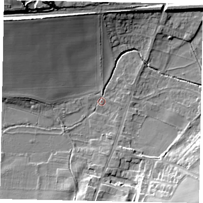 Shaded relief map of the ground around NG323QS, computed from Environment Agency LiDAR. The ground here sits at about 42 m above sea level and falls 26 m across the surrounding 800 m. Surface water reaching this point runs off ground lying to the north-west, 19.7 m higher.