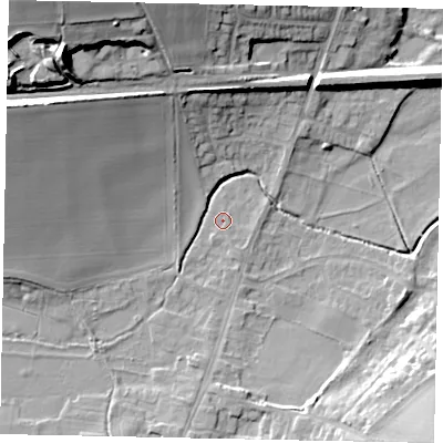 Shaded relief map of the ground around NG323RR, computed from Environment Agency LiDAR. The ground here sits at about 42 m above sea level and falls 30 m across the surrounding 800 m. Surface water reaching this point runs off ground lying to the south-south-east, 0.7 m higher.