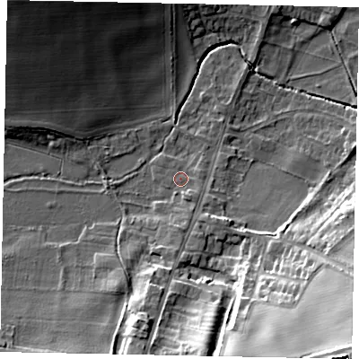 Shaded relief map of the ground around NG323SZ, computed from Environment Agency LiDAR. The ground here sits at about 42 m above sea level and falls 25 m across the surrounding 800 m. Surface water reaching this point runs off ground lying to the east-south-east, 0.9 m higher.