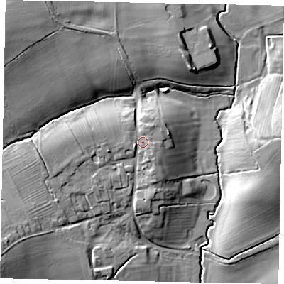Shaded relief map of the ground around NG334DG, computed from Environment Agency LiDAR. The ground here sits at about 90 m above sea level and falls 21 m across the surrounding 800 m. Surface water reaching this point runs off ground lying to the west-south-west, 2.2 m higher.