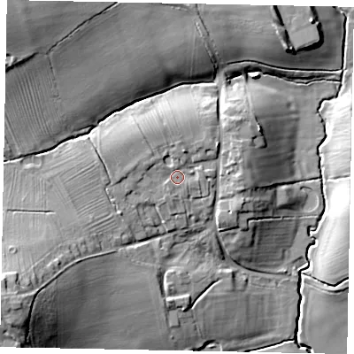 Shaded relief map of the ground around NG334DL, computed from Environment Agency LiDAR. The ground here sits at about 89 m above sea level and falls 27 m across the surrounding 800 m. Surface water reaching this point runs off ground lying to the west-north-west, 2.1 m higher.