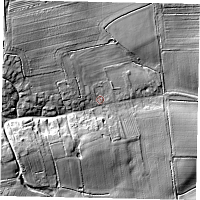 Shaded relief map of the ground around NG334EJ, computed from Environment Agency LiDAR. The ground here sits at about 64 m above sea level and falls 23 m across the surrounding 800 m. Surface water reaching this point runs off ground lying to the north-west, 14.9 m higher.