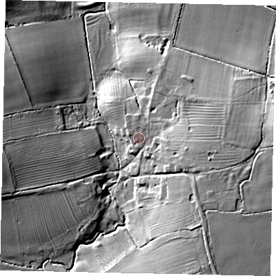 Shaded relief map of the ground around NG334HW, computed from Environment Agency LiDAR. The ground here sits at about 76 m above sea level and falls 20 m across the surrounding 800 m. Surface water reaching this point runs off ground lying to the east-north-east, 1.9 m higher.